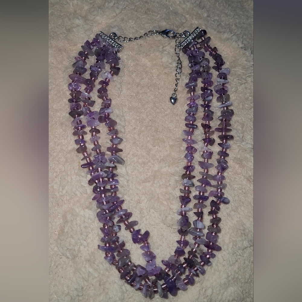 VTG AMETYST GENUINE 3 STRAND  NECKLACE ADJUSTABLE  ALREADY  CLEAN AND POLISHED